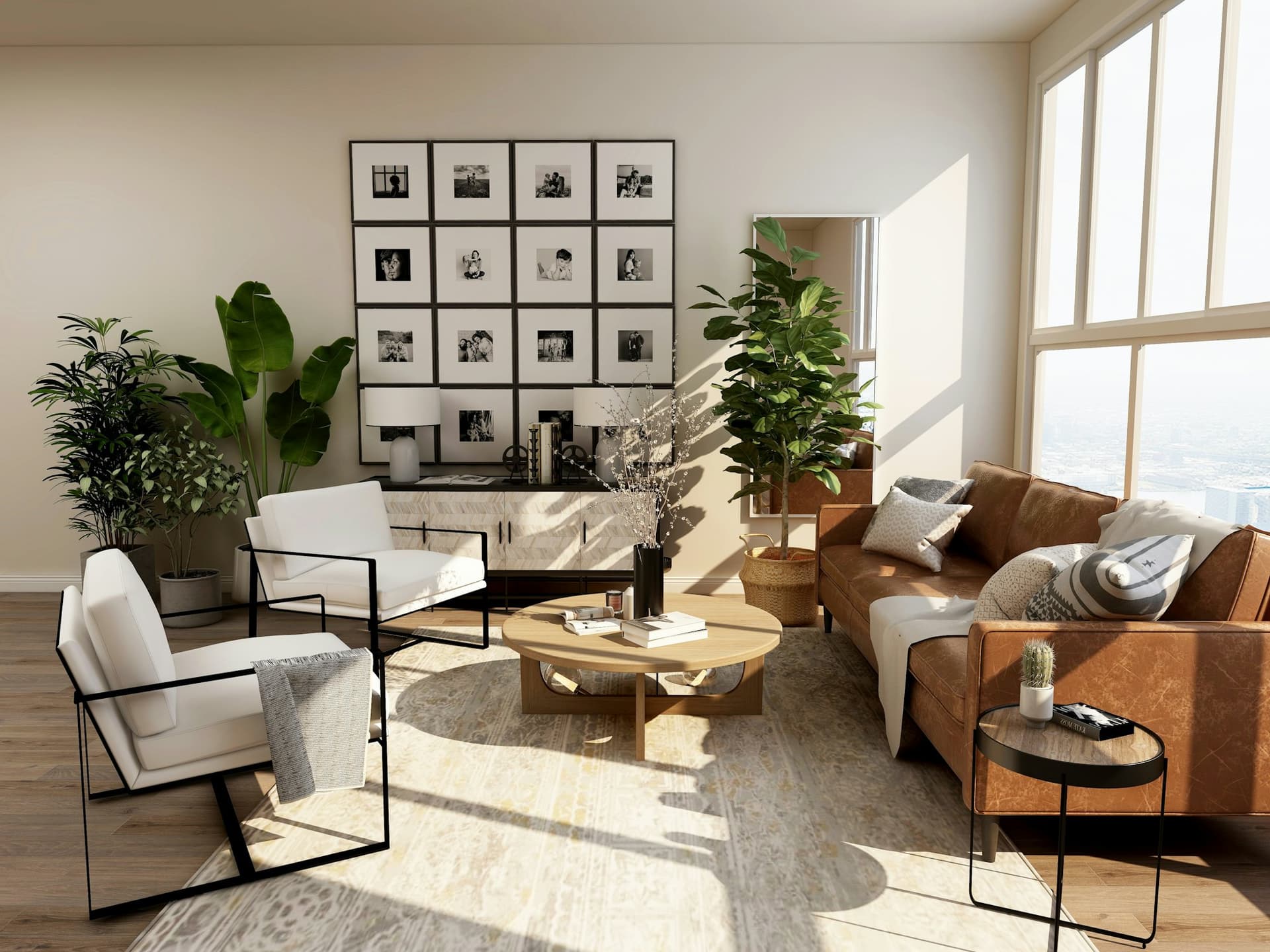 Bright living room with leather sofa, framed artwork and indoor plants