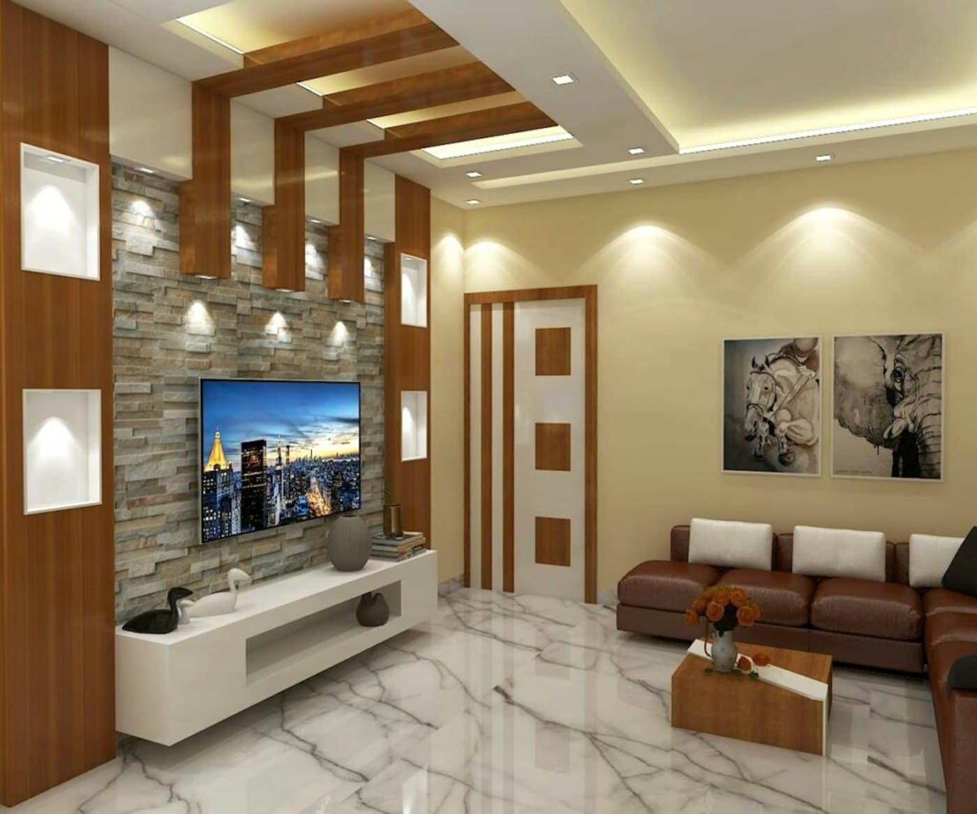 Living room with layered plaster ceiling and feature lighting