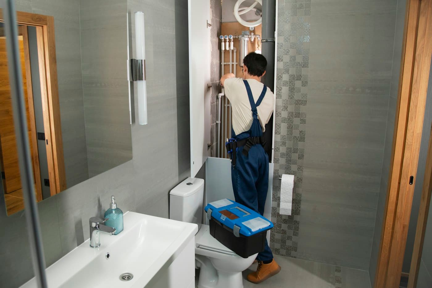 Plumber working on fittings in a bathroom